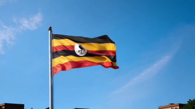 The flag of Uganda flies prominently on a flagpole under a serene blue sky, representing national identity and unity.