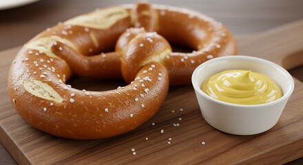 Bretzel dor� croustillant servi avec moutarde onctueuse lumi�re chaleureuse. AI Generated