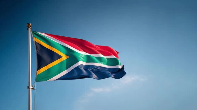 The South African flag proudly flutters on a flagpole under a bright blue sky, showcasing its vibrant colors and design.