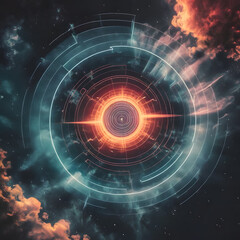 Obraz premium Abstract portal with glowing circles and clouds against a dark cosmic background scene view