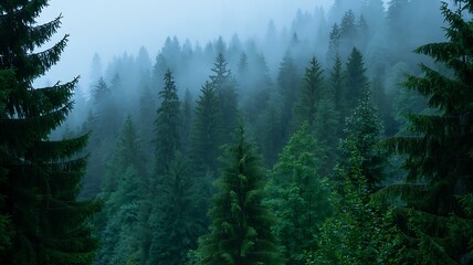 Fototapeta premium Misty evergreen forest with dense foliage and towering trees image