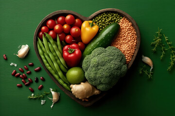 Heart-Shaped Bowl Filled with Fresh Vegetables and Legumes, Healthy Plant-Based Food Concept