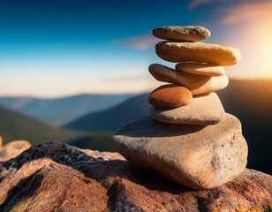 stacked rocks tower against sky mountains blurring softly behind