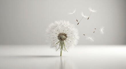 Pissenlit blanc souffle doucement lumiere douce fond blanc minimaliste. AI Generated