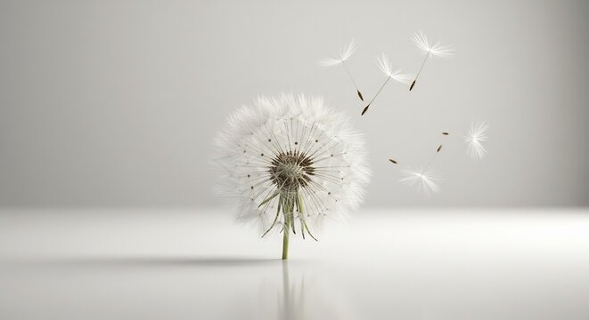 Pissenlit blanc souffle doucement lumiere douce fond blanc minimaliste. AI Generated