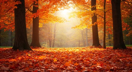 Sonnenlicht taucht Herbstwald in warmes Orange Blattwerk leuchtet prachtvoll. AI Generated