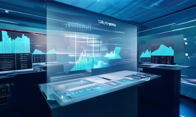 A futuristic high-tech monitoring room with large, glowing screens displaying colorful stock data charts and graphs