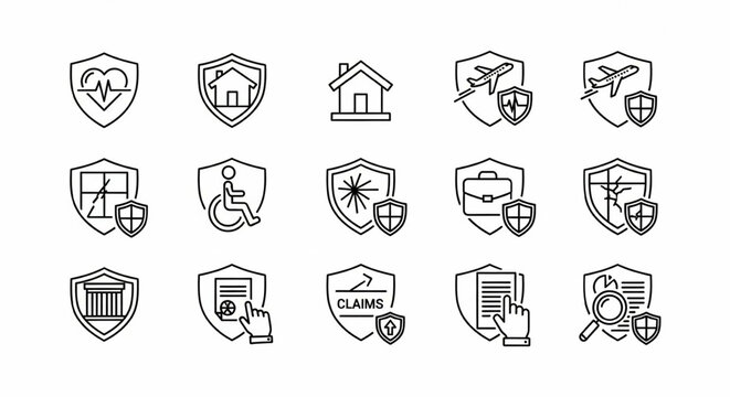 Insurance and Protection Line Icon Set – Health, Home, Travel, Disability, Property, Business, Claim, Risk Assessment Vector Illustration