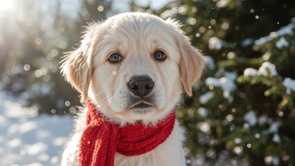 Detailed shot of a white retriever dog looking at snowflakes under clear winter sunlight