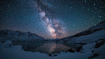 Winter night scene with the Milky Way glowing over icy mountains and calm waters.