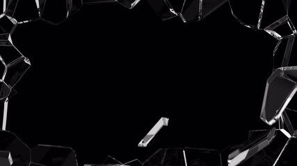 Shards flying from right to left. Broken glass on a black background that you can use in your video using the "screen" overlay method. Glass breaking. Shards of broken glass. Shards flying.
