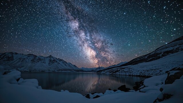 Winter night scene with the Milky Way glowing over icy mountains and calm waters.