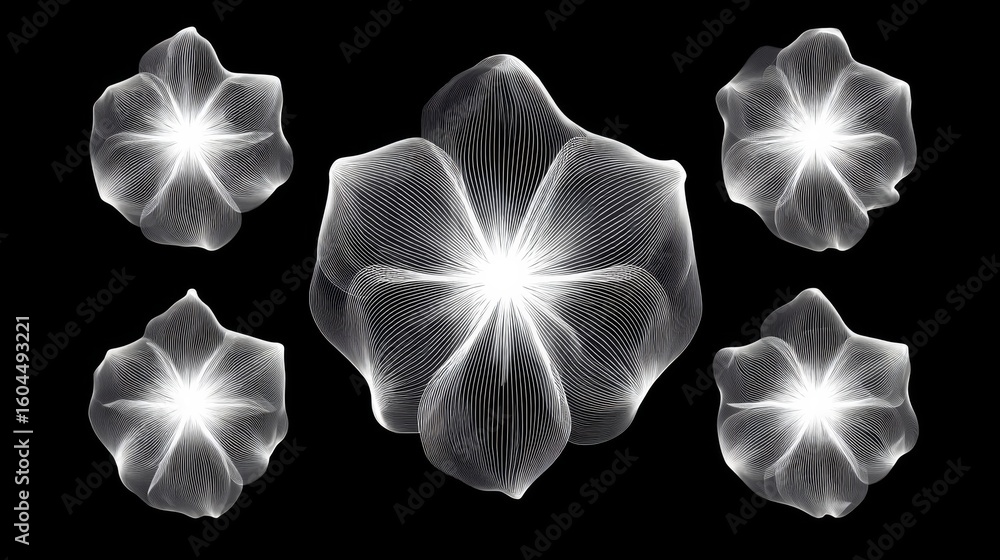 Poster series of abstract shapes are displayed in a black and white image. the shapes are all different siz