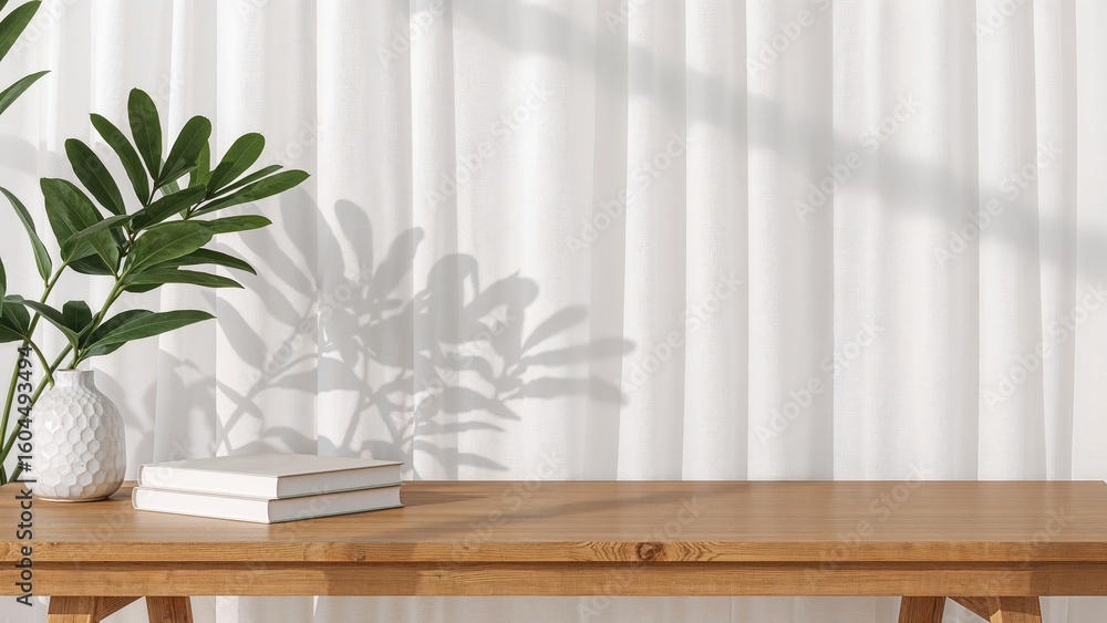 Poster digital 3d image of a stylish wooden tabletop adorned with a book and leafy decor next to a window w