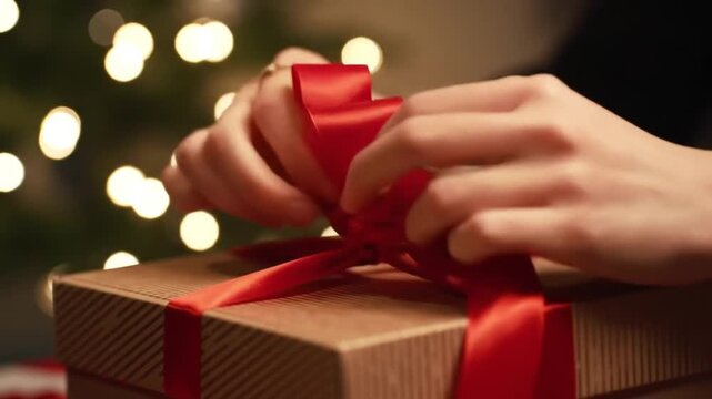 Person tying a red ribbon on a brown gift box with christmas tree lights in the background bokeh effect