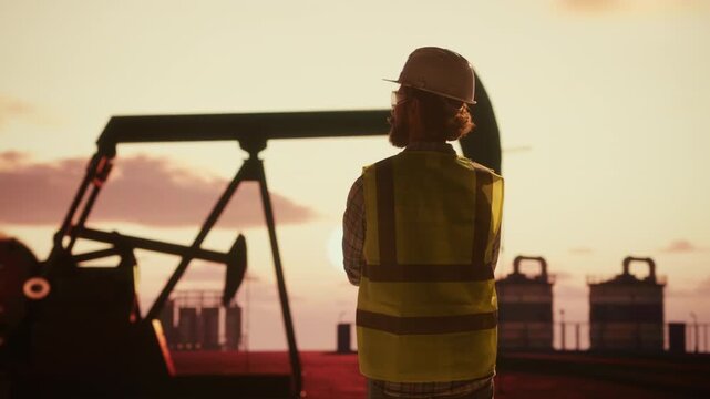 Engineer watching pumpjack at sunset in an oil field