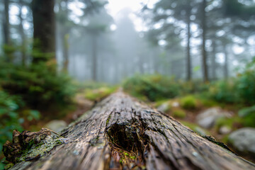 Misty forest path with fallen log evokes serene nature adventure and tranquility