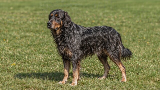 Digital illustration of a medium-sized scenthound blend featuring pack-hunting traits, isolated on a white background.