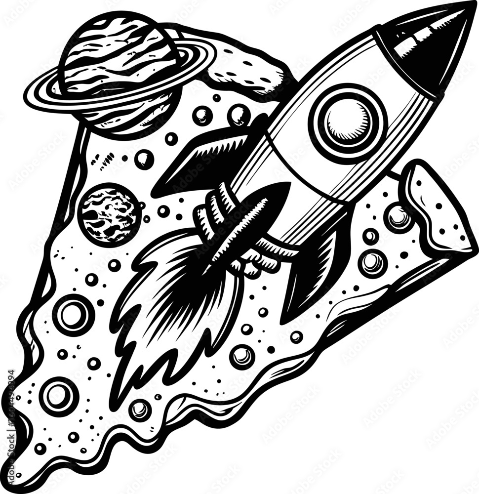 Poster rocket spaceship launching from a slice of pizza in outer space surreal universe, planets, whimsical