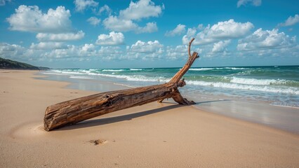 A piece of driftwood caught by the sea at the coast