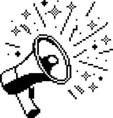 Pixel art megaphone with sparkling effects retro digital illustration of announcement, communication, and alert notification icon