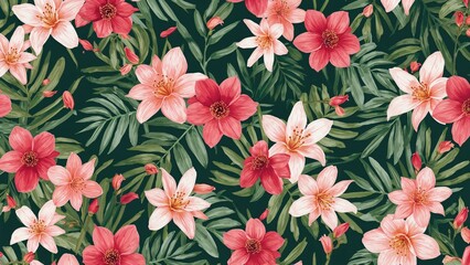 2D illustrated tropical flower motif for seamless backgrounds