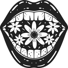 Open mouth with floral patterns inside, black and white abstract illustration modern surreal line art with flowers