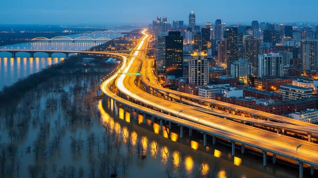 A sprawling cityscape unfolds at dusk, with illuminated highways and bridges reflecting on a flooded riverbank lined with bare trees, showcasing the vibrant energy of urban life