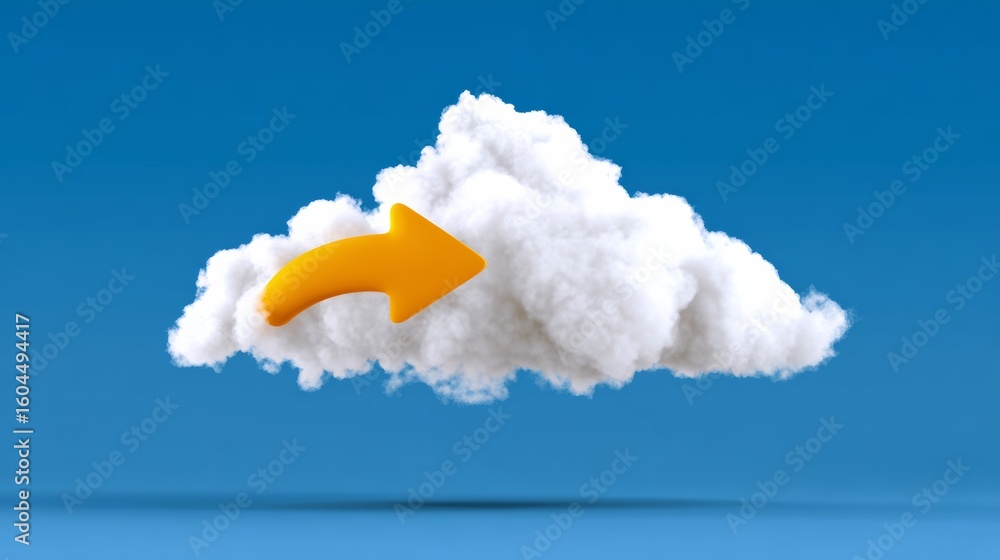 Poster cloud with an arrow pointing upwards. the cloud is white and the arrow is yellow. concept of progres