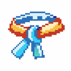 Obraz premium Pixel art martial arts belt with blue color and yellow edges achievement symbol, retro gaming style, digital reward