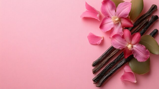 Fototapeta Vanilla pods and pink orchid blossoms on pink background