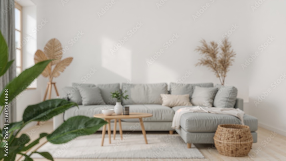 Aufkleber soft-focus backdrop of a comfortable nordic-style lounge showcasing a pale grey modular sofa and org