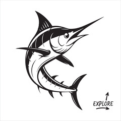 Dynamic marlin illustration with explore compass symbol