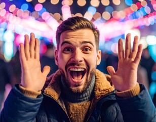 Excited man at night market