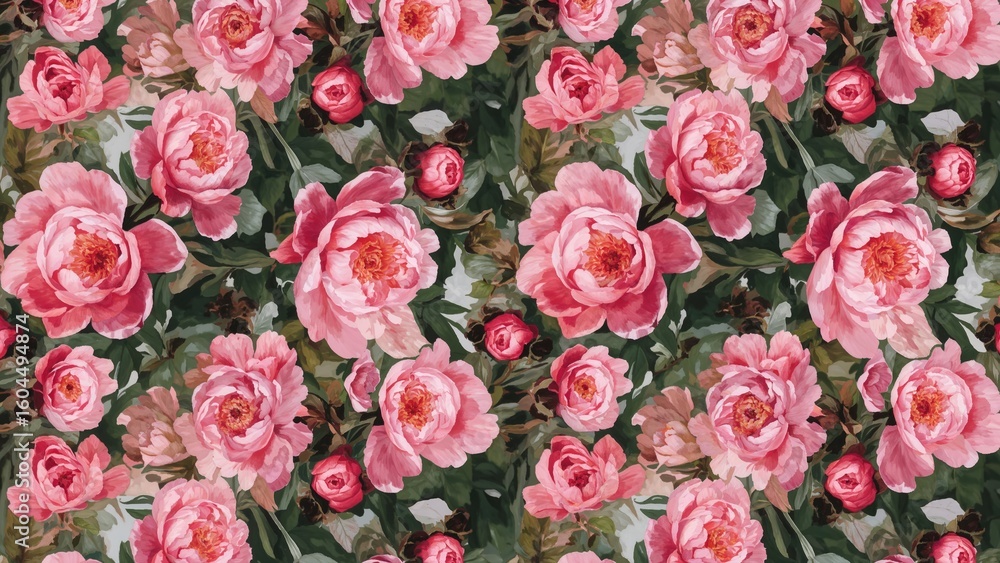 Poster seamless abstract pattern showcasing peony flowers with diffused petal textures for an artistic natu