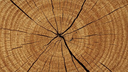 Fototapeta premium Closeup of cross-section of a tree trunk displaying intricate wood grain patterns and natural cracks in a circular formation.
