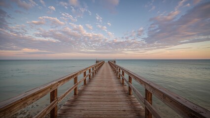Obraz premium A peaceful twilight setting featuring a wooden platform reaching over serene sea waters.