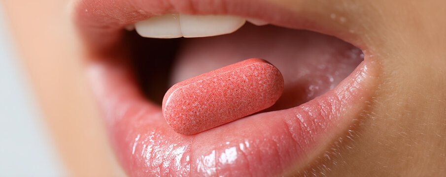 Close-up view of a person preparing to take a pink tablet in a health-related context