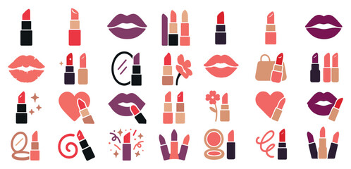 Lipstick Icons Collection Beauty Makeup Cosmetics Colorful Emoticons