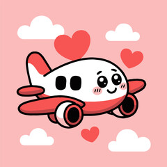A cartoon airplane with hearts and clouds on a pink background in a cute and simple style