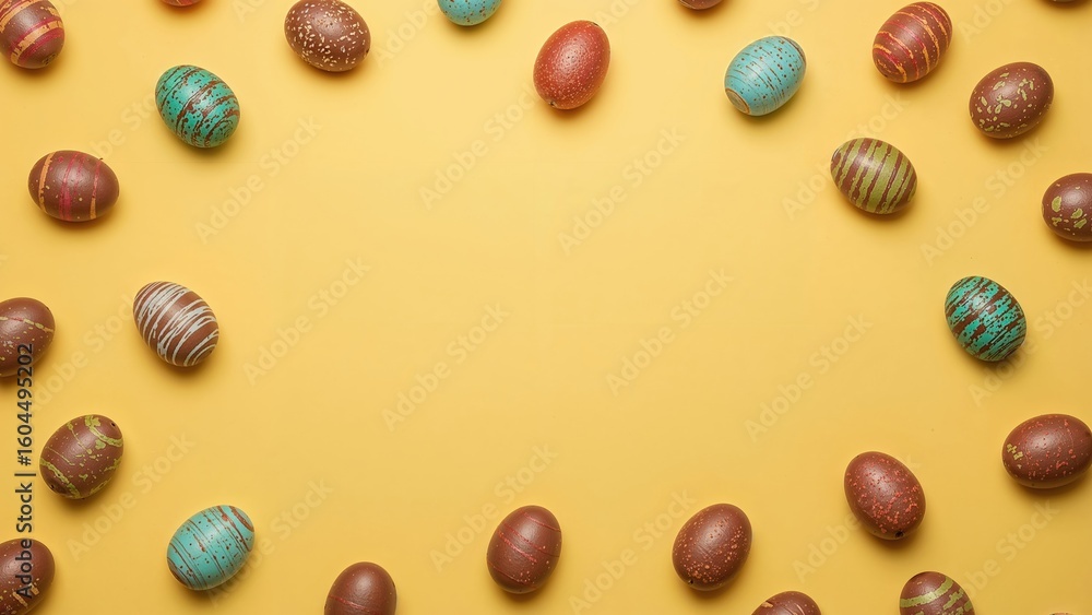 Poster spring-themed chocolate eggs displayed against a vibrant yellow backdrop. creative setup with ample 