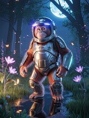 Fototapeta premium Orangutan in a futuristic space suit exploring a glowing forest at night under the moonlight