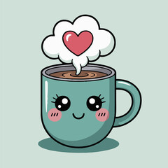 Cartoon teal coffee cup with face and heart shaped steam on a light green background illustration