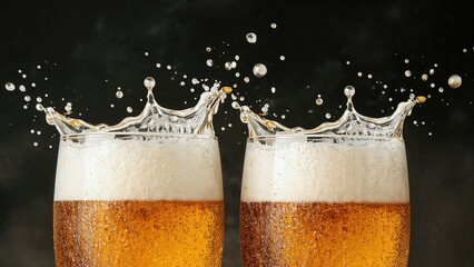 Foamy beer bursting out of two glasses on a plain backdrop. Classic flavor. Theme of beverages, celebrations, and parties. Space available for advertisement.