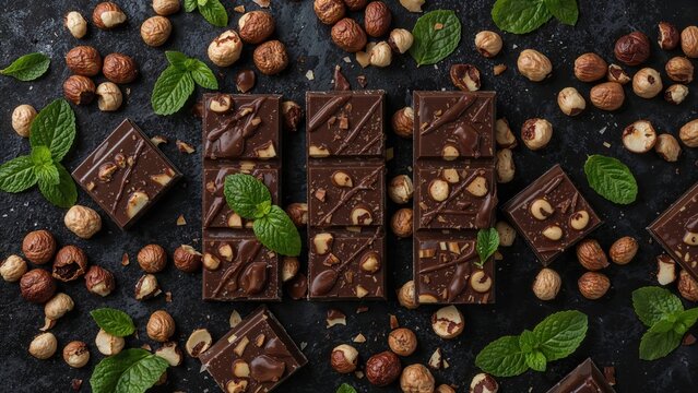 Assortment of artisanal dark chocolates with hazelnuts and mint leaves, visually presented on a black background from above.
