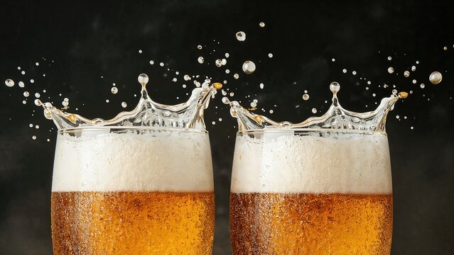Foamy beer bursting out of two glasses on a plain backdrop. Classic flavor. Theme of beverages, celebrations, and parties. Space available for advertisement.