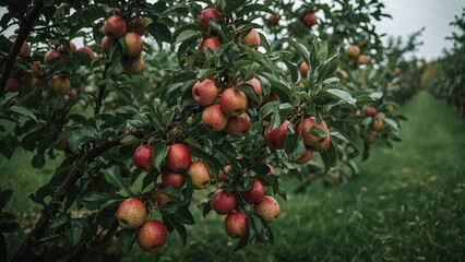 Mature apples growing on orchard trees under overcast skies and rain