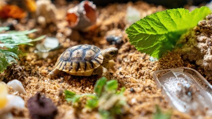 Peaceful Juvenile Tortoise Habitat with Sand Floor, Water Dish, and Leafy Greens