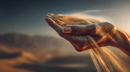 Golden sand slips through cupped hands in warm sunlight
