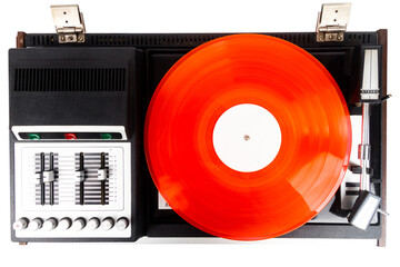 Vintage turntable record player with red vinyl isolated on white background.